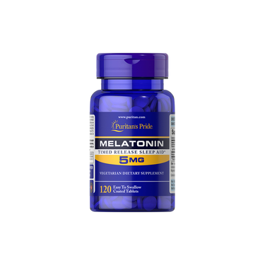 Puritan's Pride Melatonin 5 mg with Vitamin B-6 offers 120 coated tablets in a blue bottle. This vegetarian dietary supplement supports sleep cycles and alleviates jet lag through timed-release melatonin.